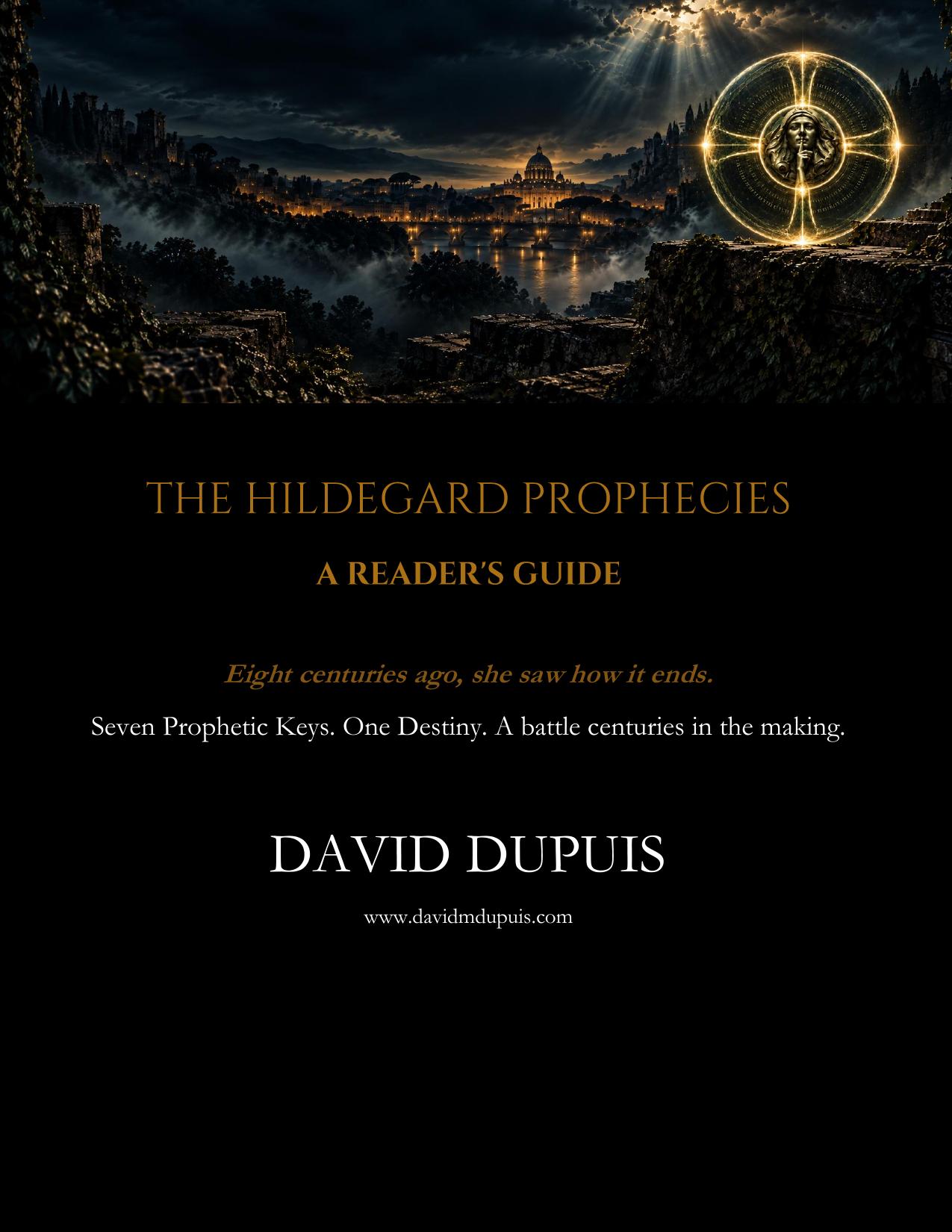 Cover of A Reader's Guide — a glowing golden sigil of Hildegard above a misty twilight city with the title The Hildegard Prophecies: A Reader's Guide, by David Dupuis